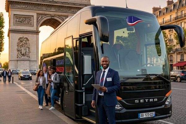 Autocar soirée devant l’Arc de Triomphe à Paris