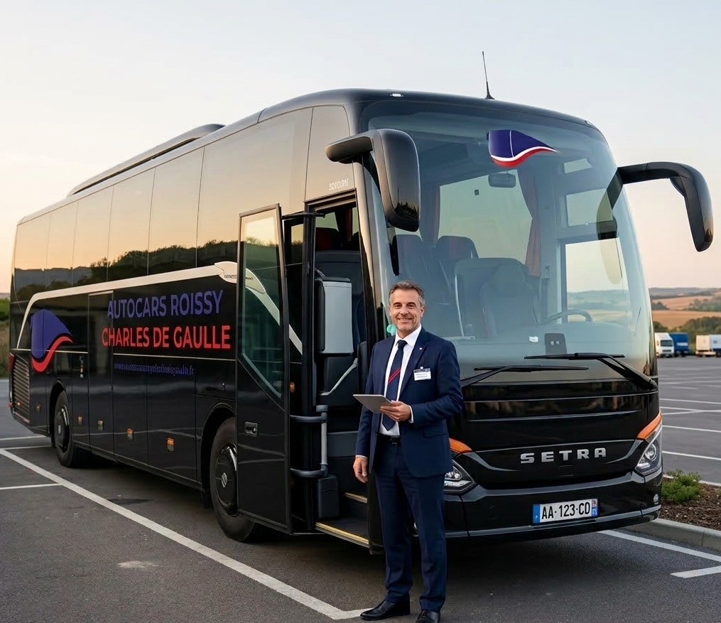 Autocar avec chauffeur garé devant l'aéroport Roissy Charles de Gaulle, disponible pour la location de groupe en 2026