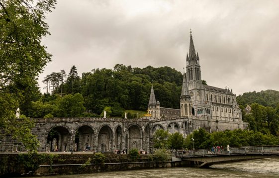 Cathédrale historique de Lourdes, en France, au milieu d'une végétation luxuriante et d'une architecture en pierre.